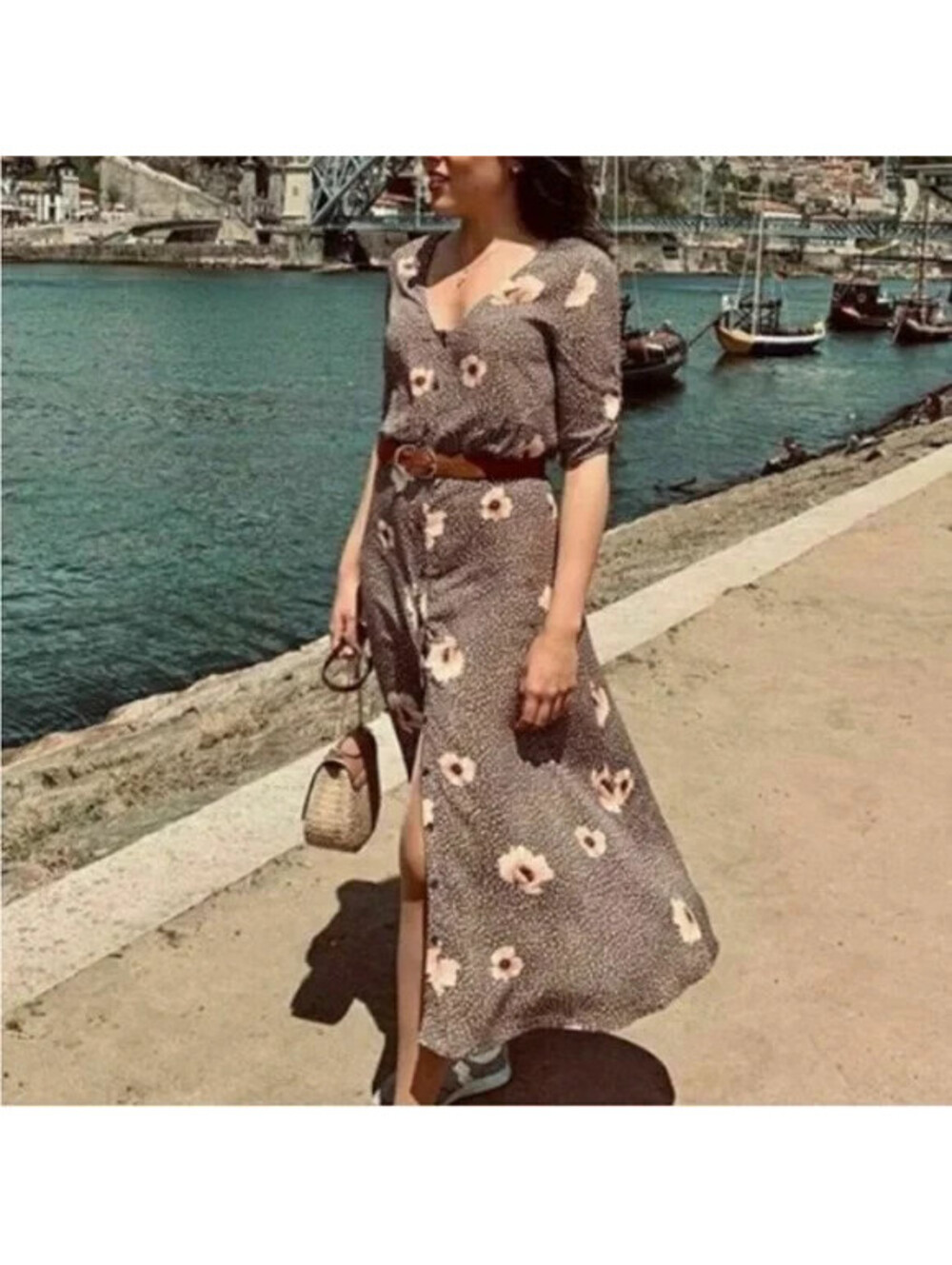 H&M Brown Floral Midi Dress Button Down V-Neck Boho Cottagecore Women’s Size 2